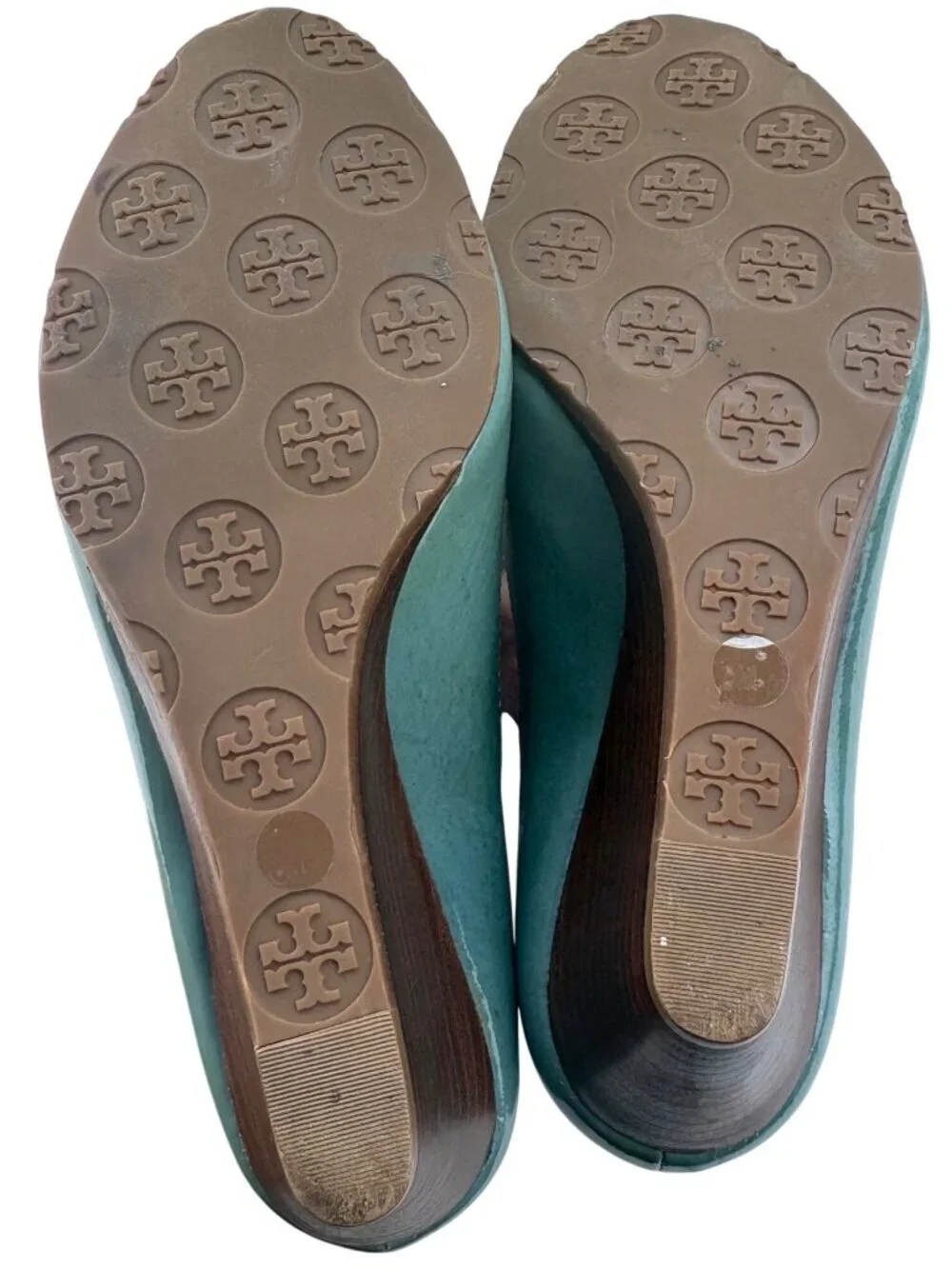 Tory Burch Patent Leather Peep Toe Wedge Pumps Blue Green RARE Colorway Size 8